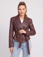Traibel Belted Cropped Leather Blazer – Women Faux Leather Jacket Tailored Wide Lapel Autumn Outerwear