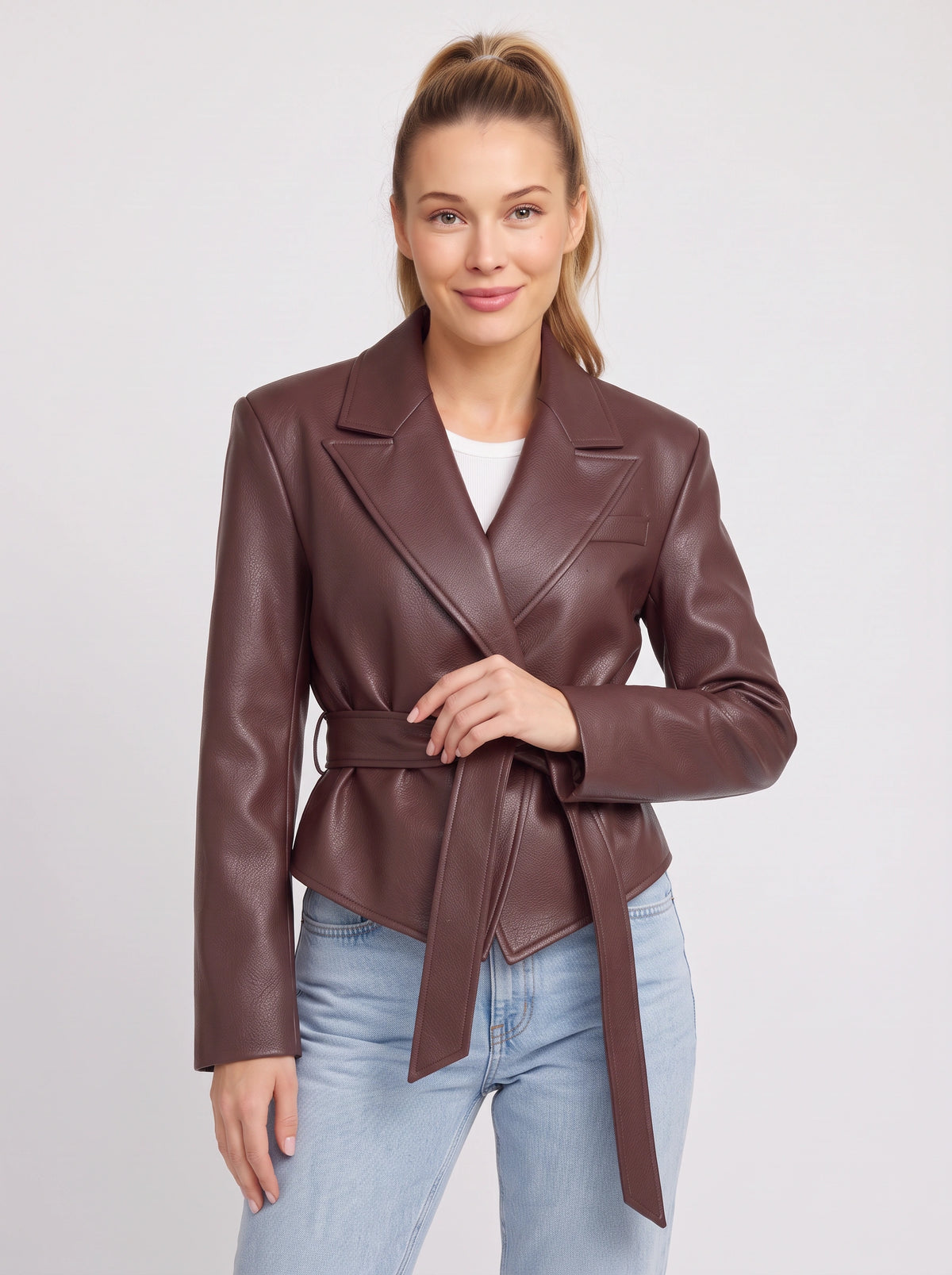 Traibel Belted Cropped Leather Blazer – Women Faux Leather Jacket Tailored Wide Lapel Autumn Outerwear