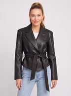 Traibel Belted Cropped Leather Blazer – Women Faux Leather Jacket Tailored Wide Lapel Autumn Outerwear