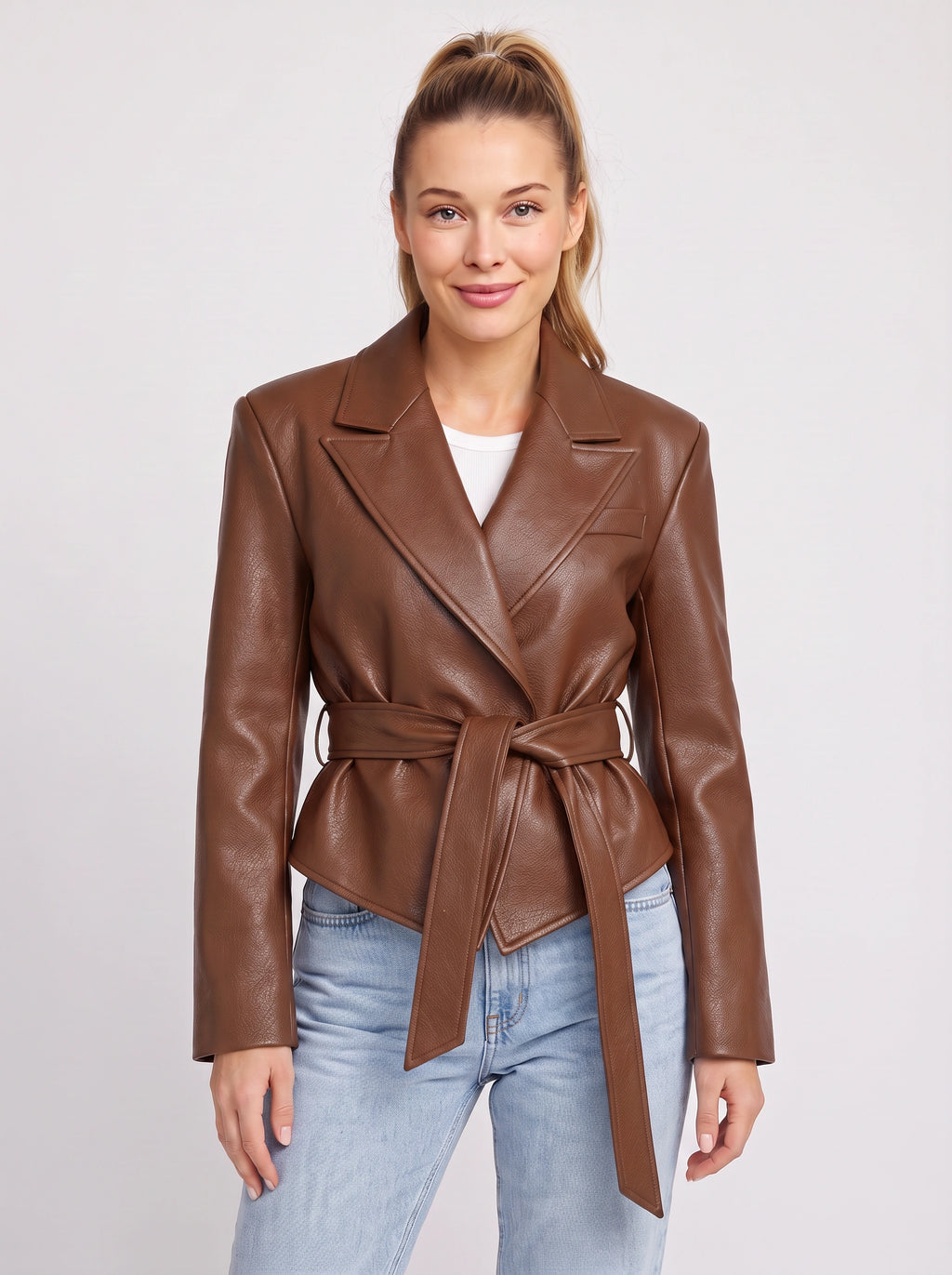 Traibel Belted Cropped Leather Blazer – Women Faux Leather Jacket Tailored Wide Lapel Autumn Outerwear