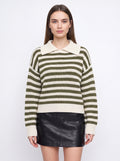 Ribcoll Striped Polo Collar Jumper – Oversized Knitted Long Sleeve Women Casual Knitwear Sweater