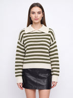 Ribcoll Striped Polo Collar Jumper – Oversized Knitted Long Sleeve Women Casual Knitwear Sweater