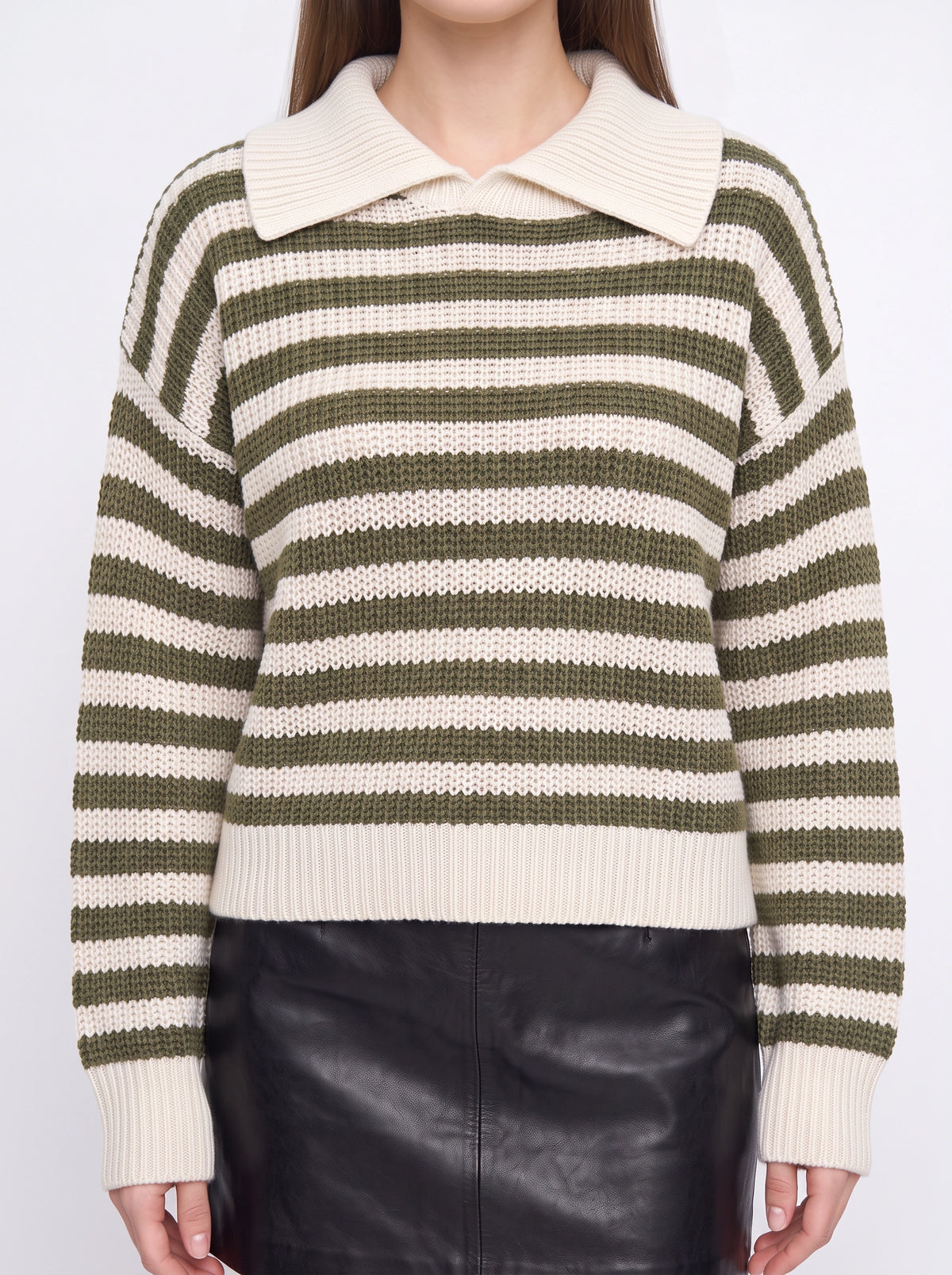 Ribcoll Striped Polo Collar Jumper – Oversized Knitted Long Sleeve Women Casual Knitwear Sweater