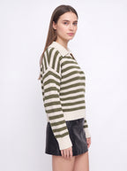 Ribcoll Striped Polo Collar Jumper – Oversized Knitted Long Sleeve Women Casual Knitwear Sweater