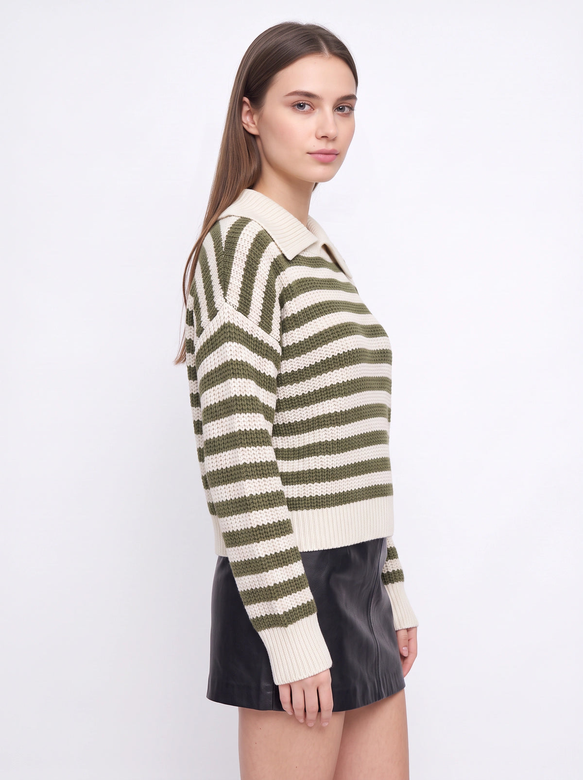 Ribcoll Striped Polo Collar Jumper – Oversized Knitted Long Sleeve Women Casual Knitwear Sweater