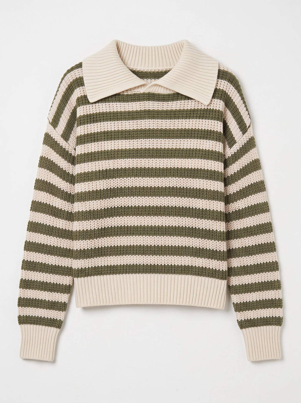 Ribcoll Striped Polo Collar Jumper – Oversized Knitted Long Sleeve Women Casual Knitwear Sweater