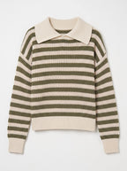 Ribcoll Striped Polo Collar Jumper – Oversized Knitted Long Sleeve Women Casual Knitwear Sweater
