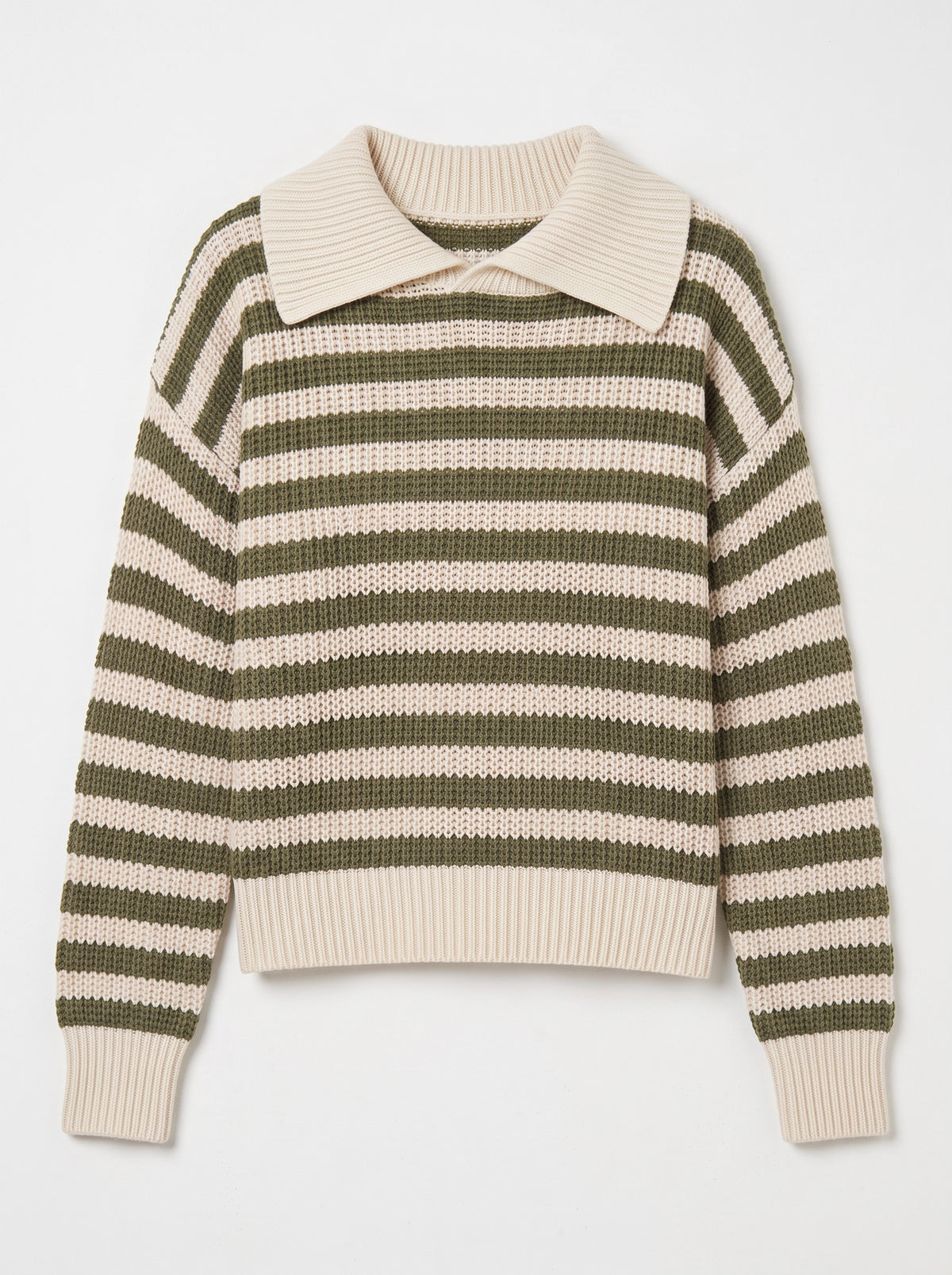 Ribcoll Striped Polo Collar Jumper – Oversized Knitted Long Sleeve Women Casual Knitwear Sweater