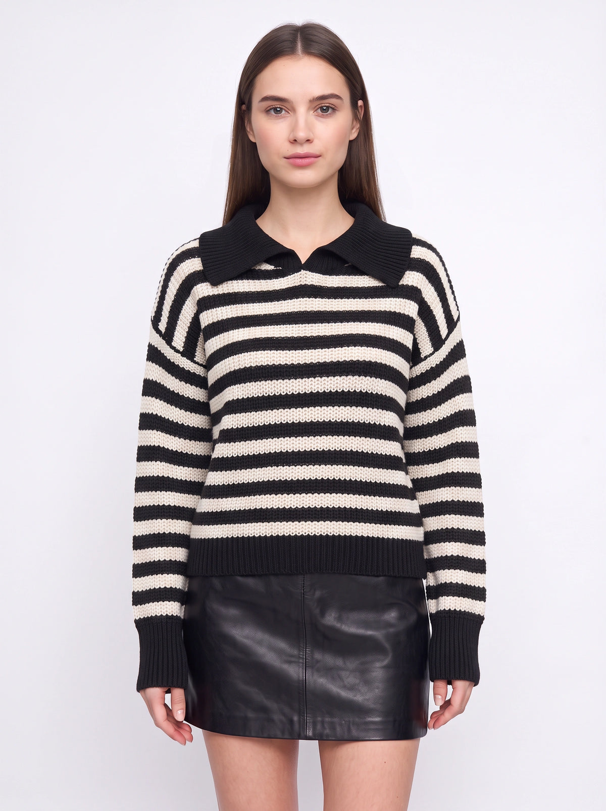 Ribcoll Striped Polo Collar Jumper – Oversized Knitted Long Sleeve Women Casual Knitwear Sweater