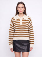 Ribcoll Striped Polo Collar Jumper – Oversized Knitted Long Sleeve Women Casual Knitwear Sweater