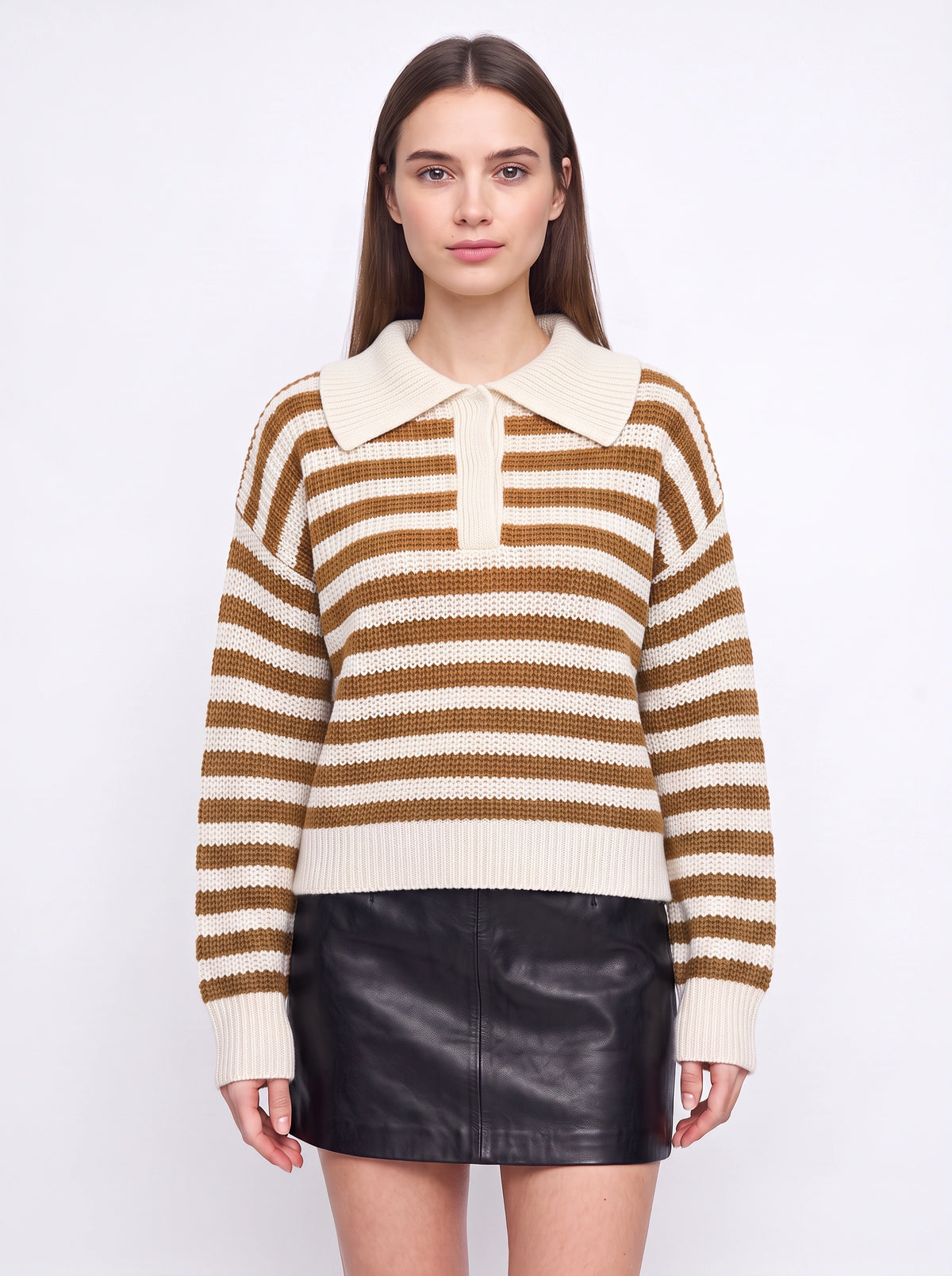 Ribcoll Striped Polo Collar Jumper – Oversized Knitted Long Sleeve Women Casual Knitwear Sweater