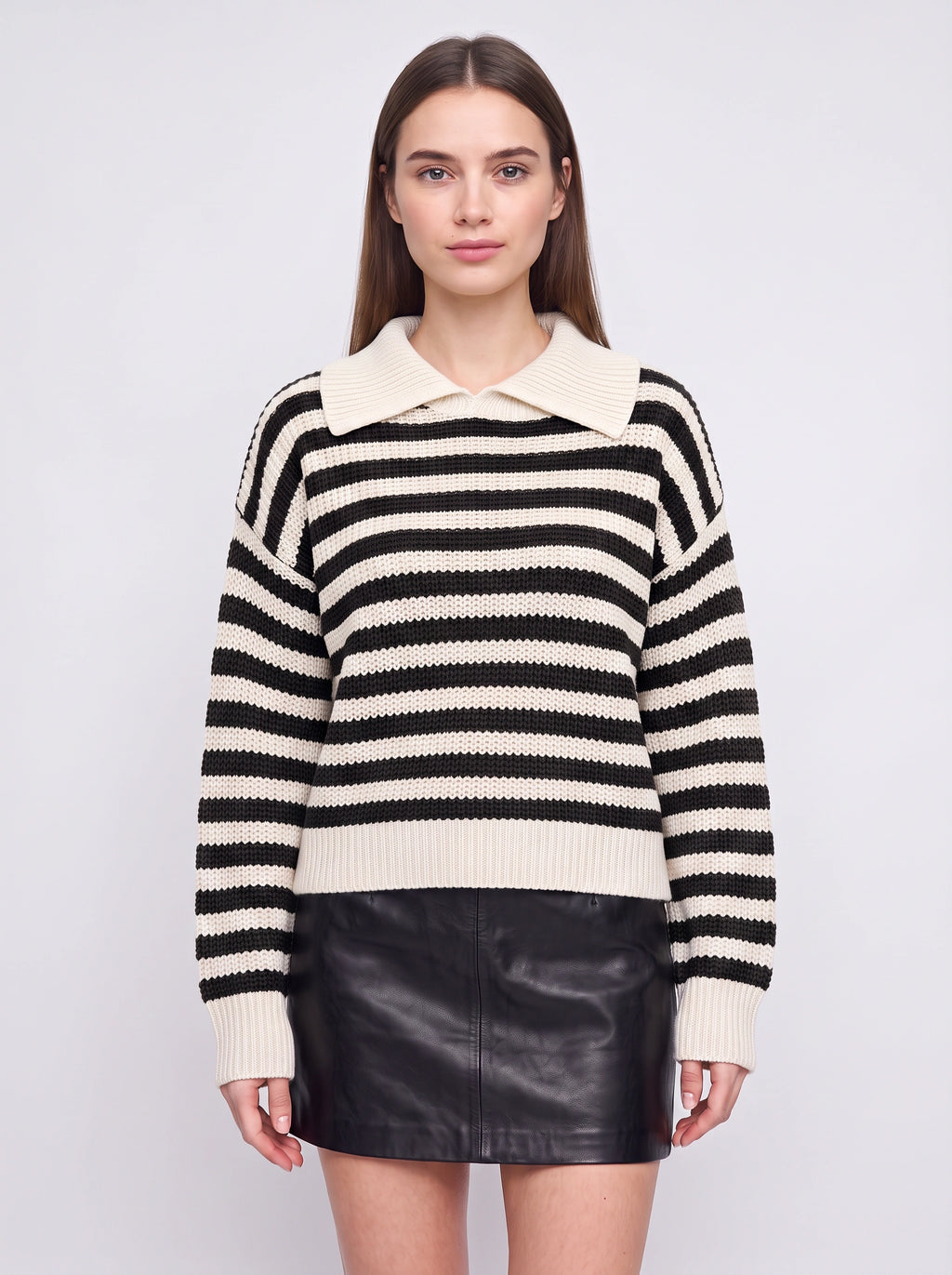 Ribcoll Striped Polo Collar Jumper – Oversized Knitted Long Sleeve Women Casual Knitwear Sweater