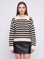 Ribcoll Striped Polo Collar Jumper – Oversized Knitted Long Sleeve Women Casual Knitwear Sweater