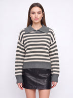 Ribcoll Striped Polo Collar Jumper – Oversized Knitted Long Sleeve Women Casual Knitwear Sweater