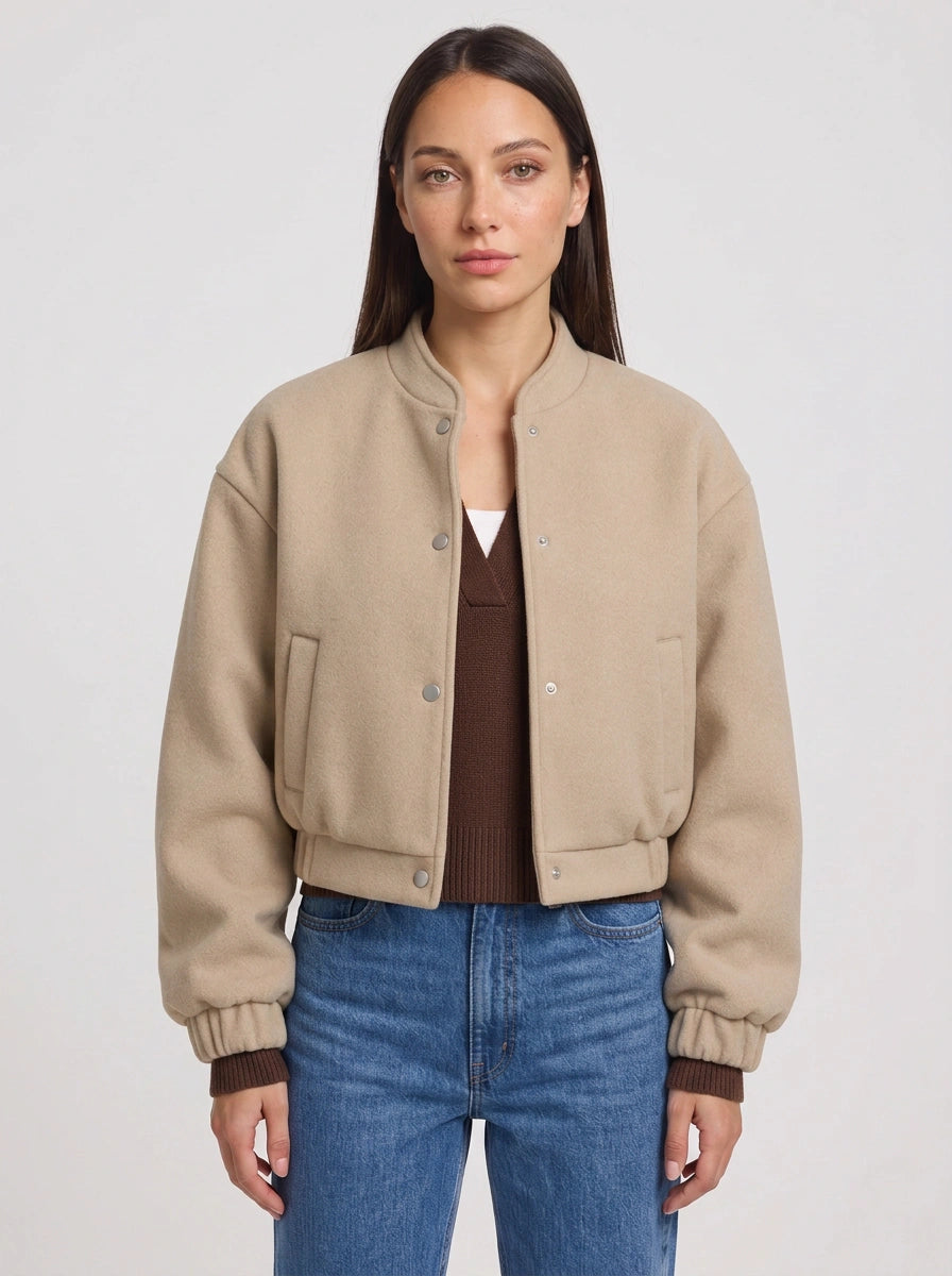 Riblast Cropped Bomber Jacket – Women Oversized Stand Collar Casual Streetwear Aviator Flight Jacket