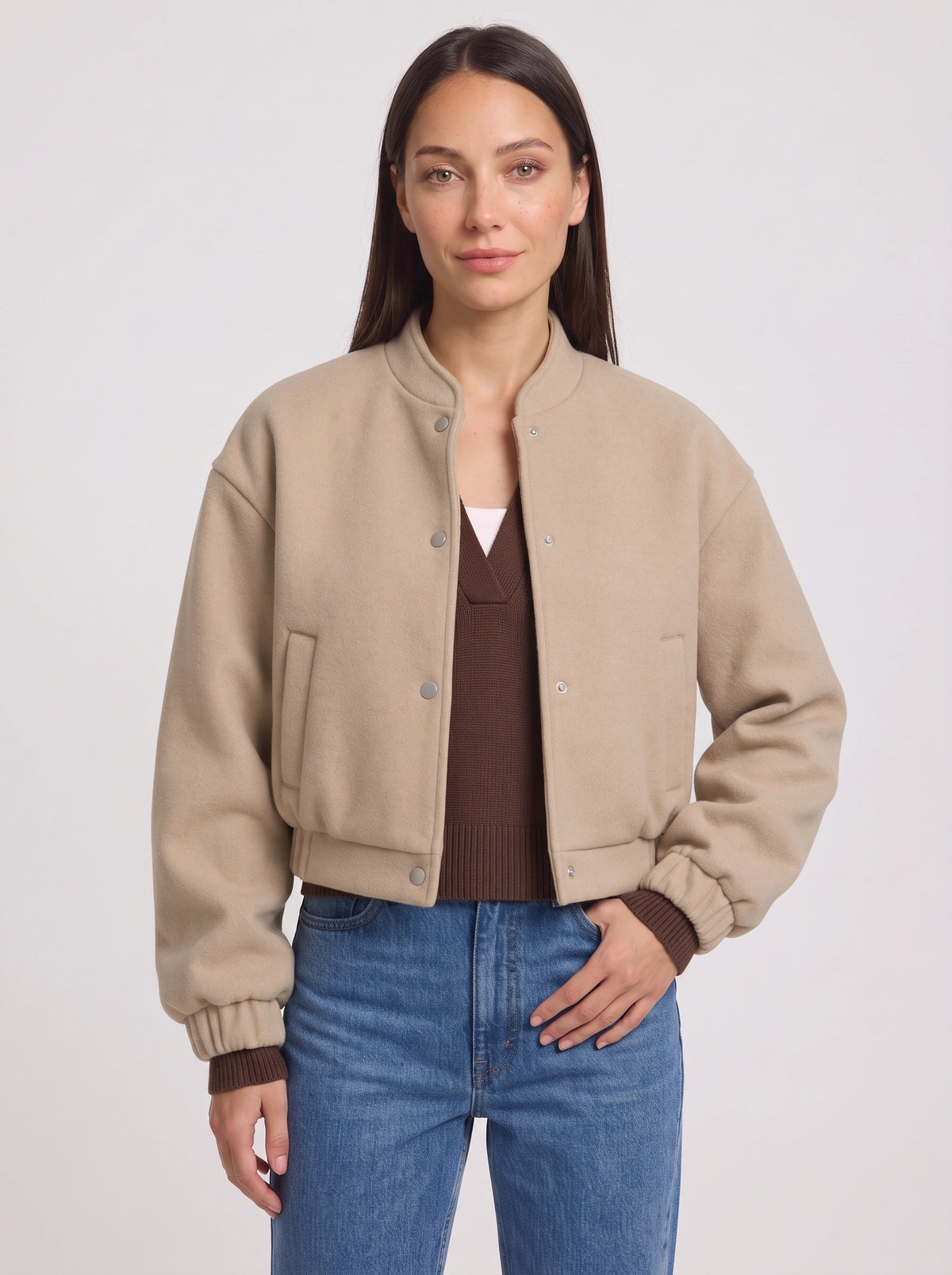 Riblast Cropped Bomber Jacket – Women Oversized Stand Collar Casual Streetwear Aviator Flight Jacket