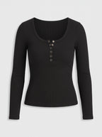 Snapleca Ribbed Henley Long Sleeve Top – Women Fitted Button Front Casual Everyday Ribbed Top
