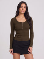 Snapleca Ribbed Henley Long Sleeve Top – Women Fitted Button Front Casual Everyday Ribbed Top