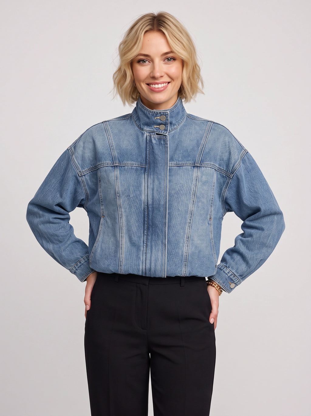 Tributté Stand Collar Denim Jacket – Cropped Jean Jacket Women Oversized Casual Autumn Ladies Crop