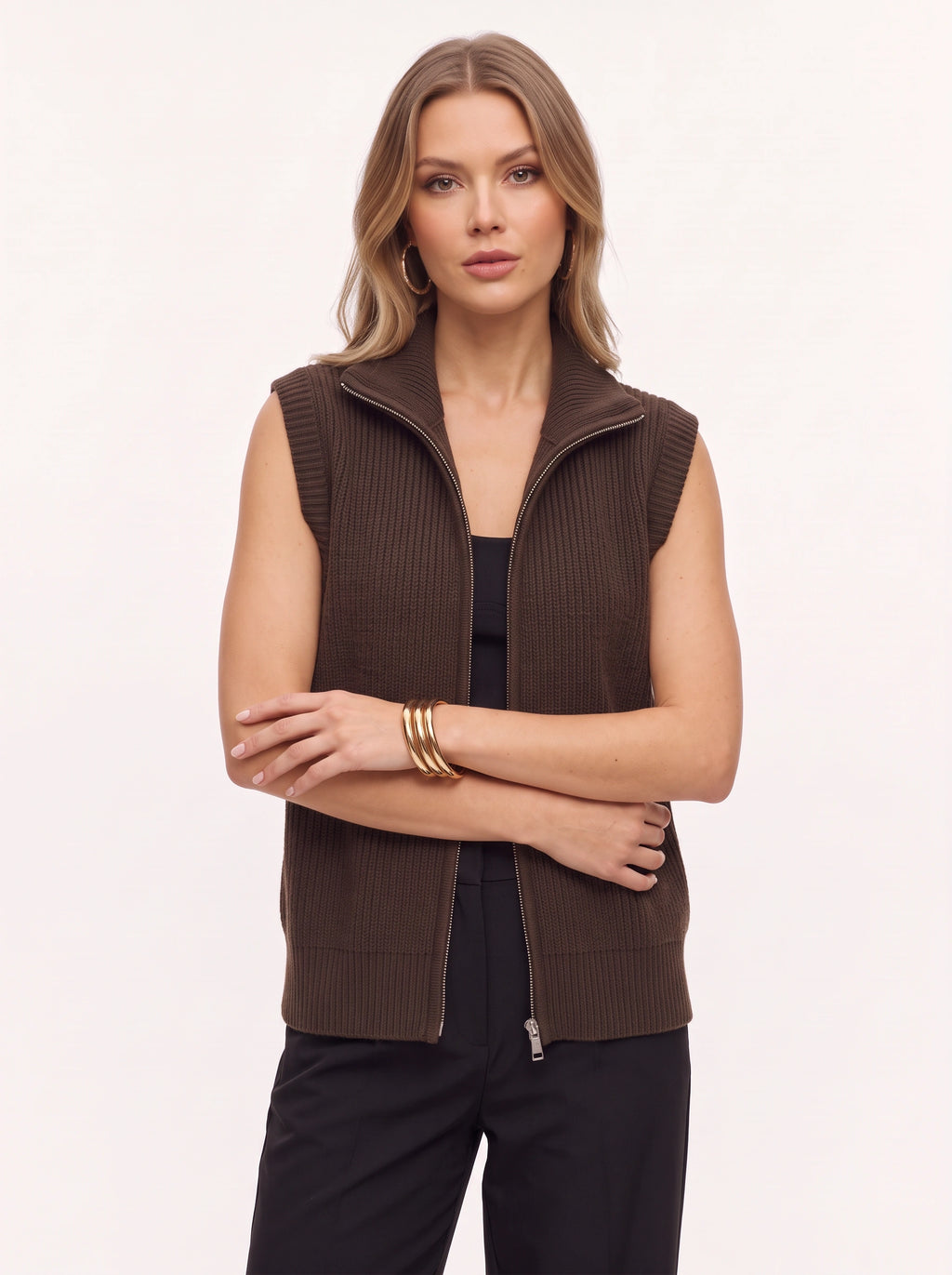 Ribnelle Ribbed Zip Front Gilet – Sleeveless Knitted Vest Women Autumn Layering Casual Oversized Gilet