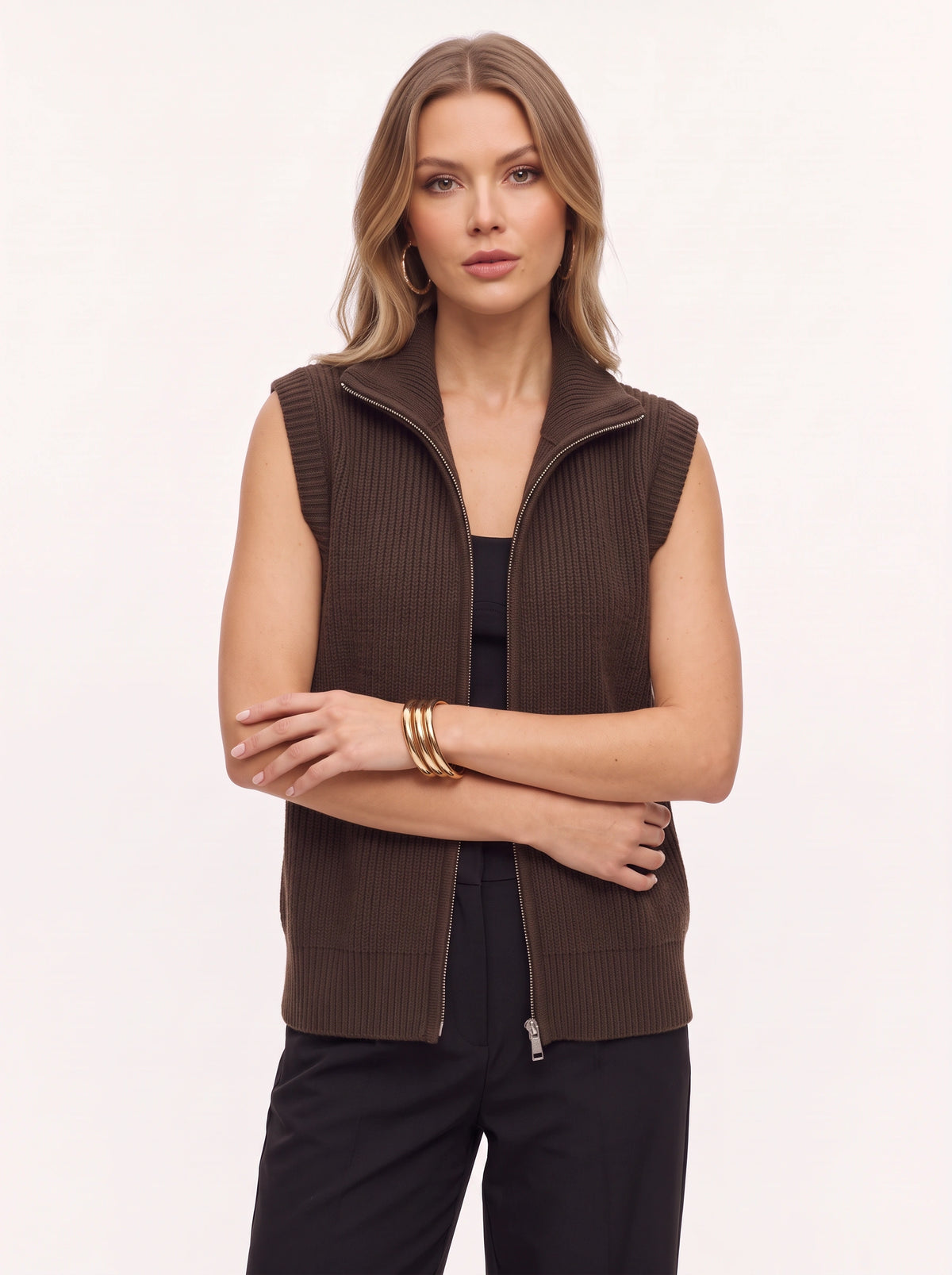 Ribnelle Ribbed Zip Front Gilet – Sleeveless Knitted Vest Women Autumn Layering Casual Oversized Gilet