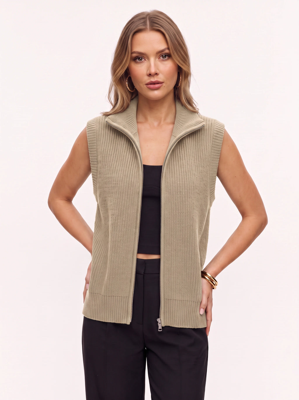 Ribnelle Ribbed Zip Front Gilet – Sleeveless Knitted Vest Women Autumn Layering Casual Oversized Gilet
