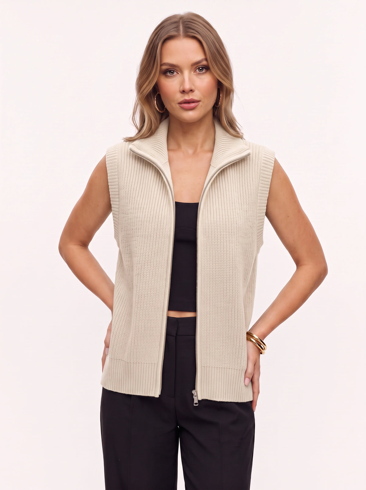 Ribnelle Ribbed Zip Front Gilet – Sleeveless Knitted Vest Women Autumn Layering Casual Oversized Gilet