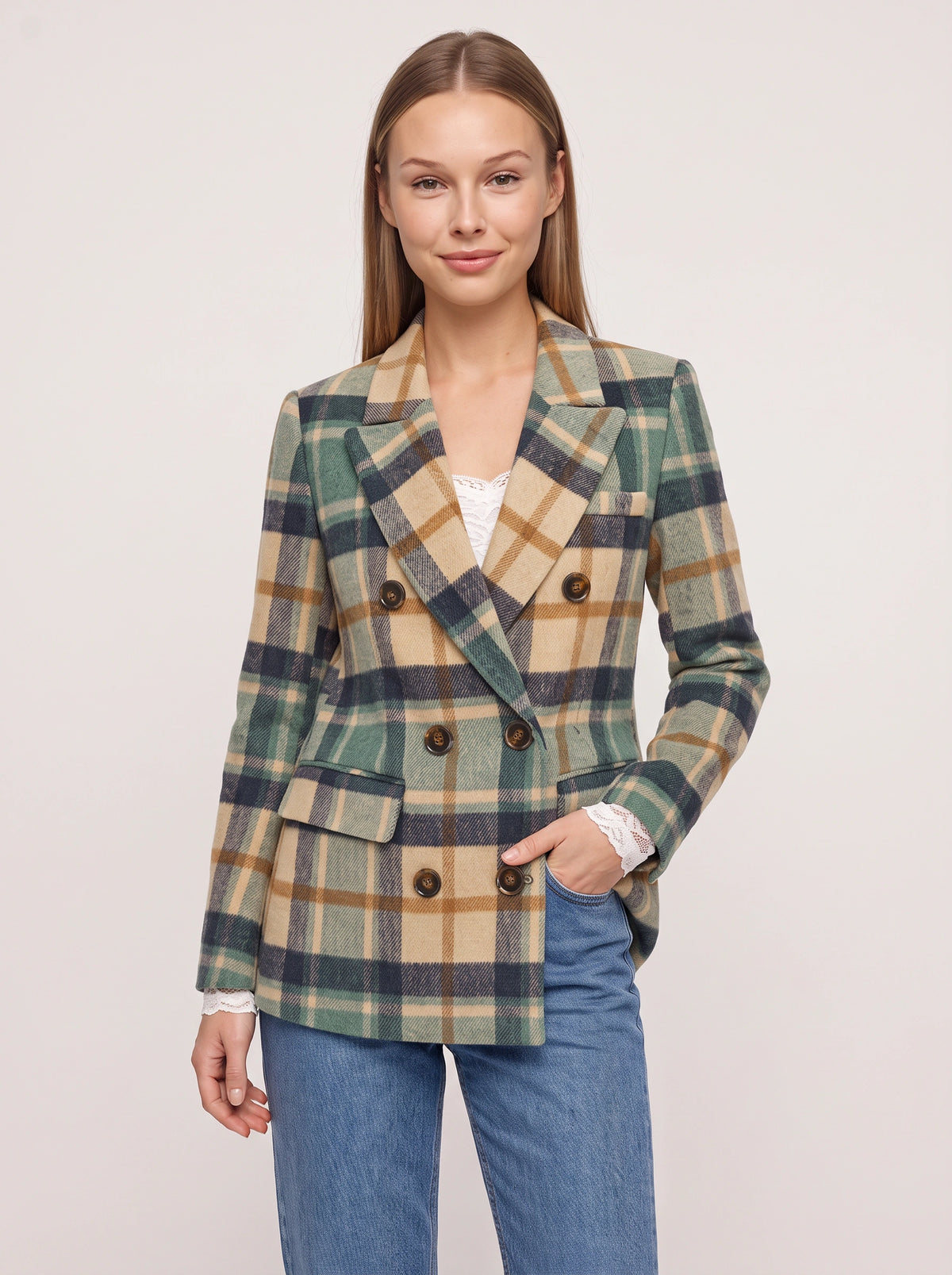 Torrune Double-Breasted Check Blazer – Women Tailored Office Casual Autumn Workwear Plaid Blazer