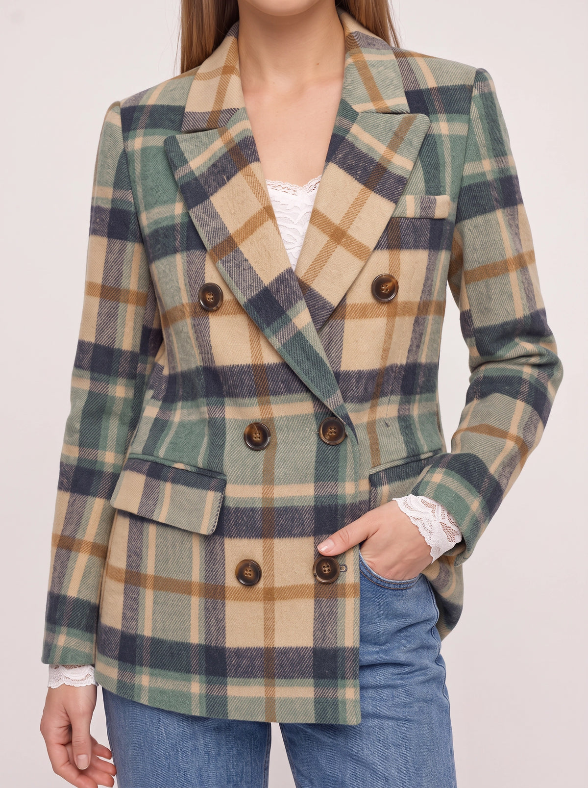 Torrune Double-Breasted Check Blazer – Women Tailored Office Casual Autumn Workwear Plaid Blazer
