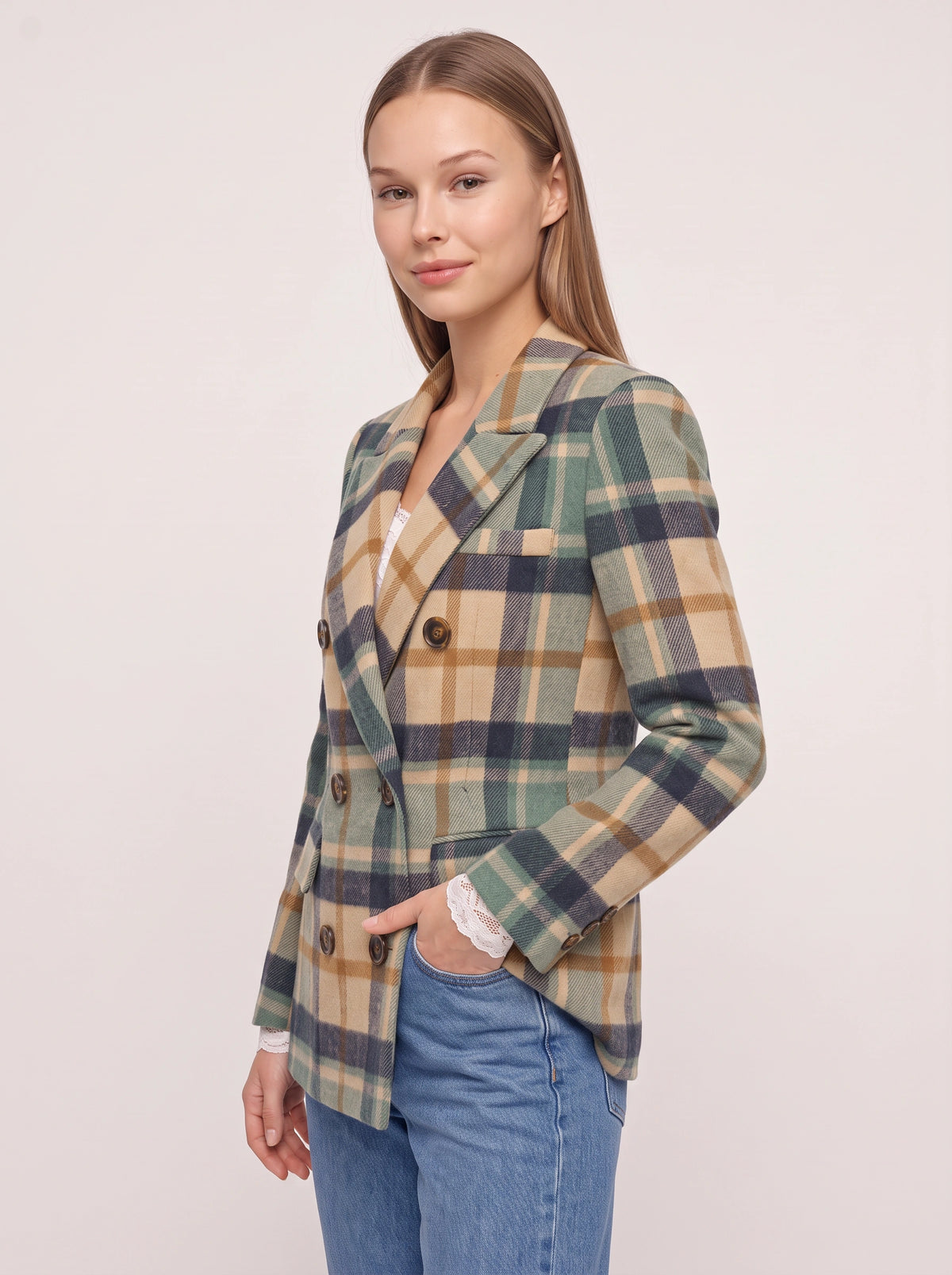 Torrune Double-Breasted Check Blazer – Women Tailored Office Casual Autumn Workwear Plaid Blazer