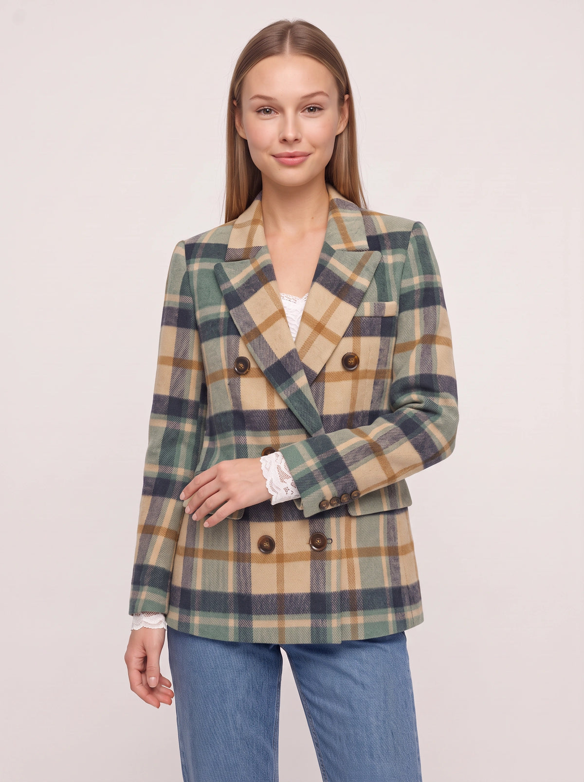 Torrune Double-Breasted Check Blazer – Women Tailored Office Casual Autumn Workwear Plaid Blazer