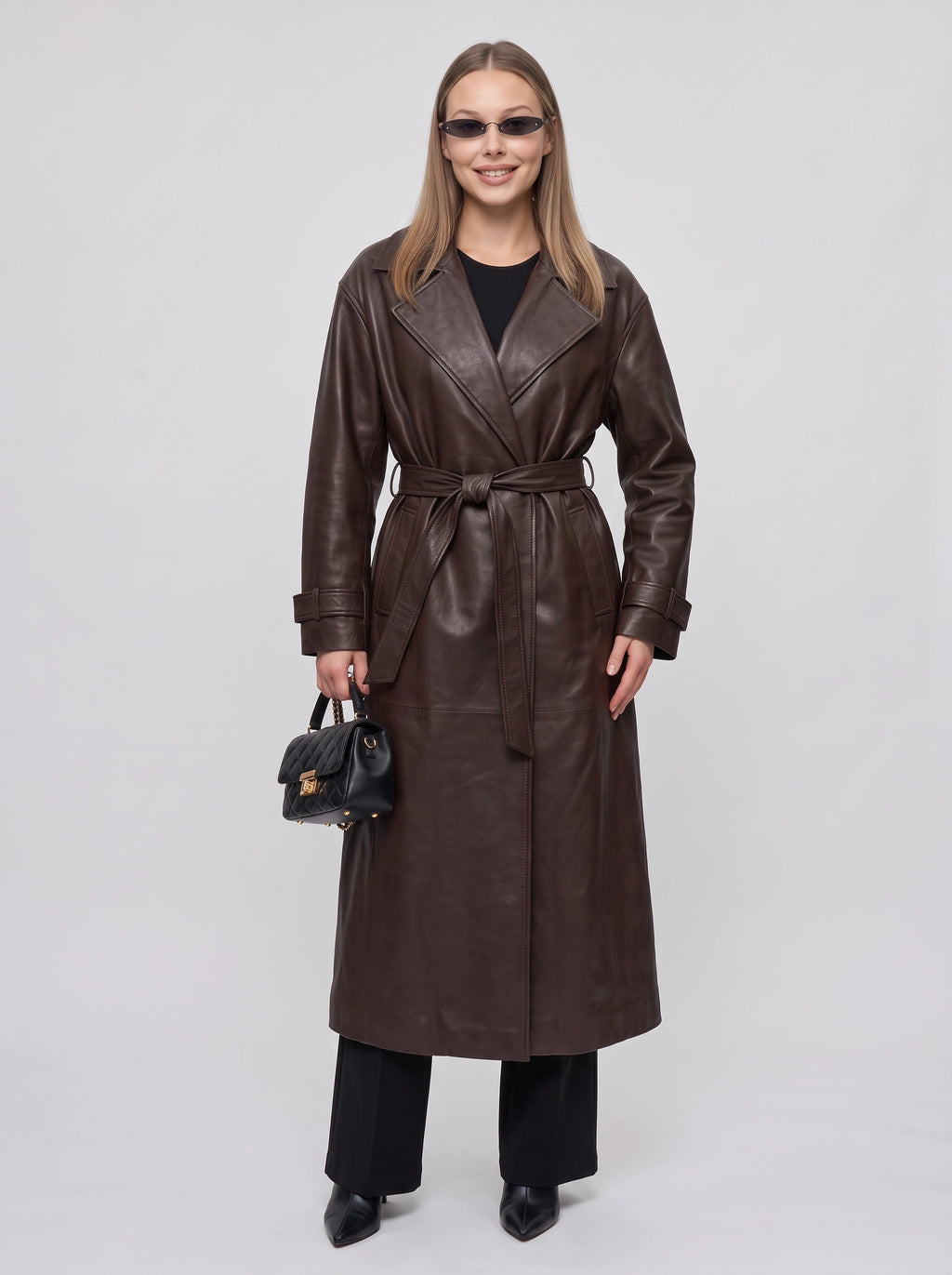 Notella Belted Longline Trench Coat – Faux Leather Women Oversized Autumn Winter Office Formal Trench Coat