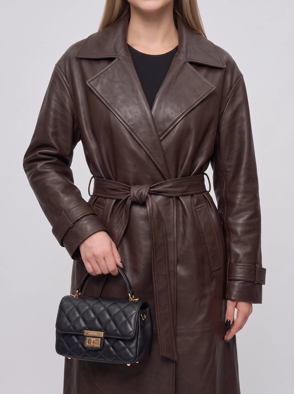 Notella Belted Longline Trench Coat – Faux Leather Women Oversized Autumn Winter Office Formal Trench Coat