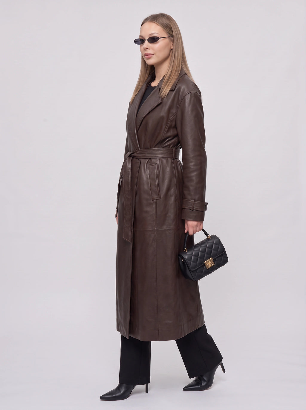 Notella Belted Longline Trench Coat – Faux Leather Women Oversized Autumn Winter Office Formal Trench Coat