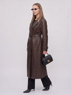 Notella Belted Longline Trench Coat – Faux Leather Women Oversized Autumn Winter Office Formal Trench Coat