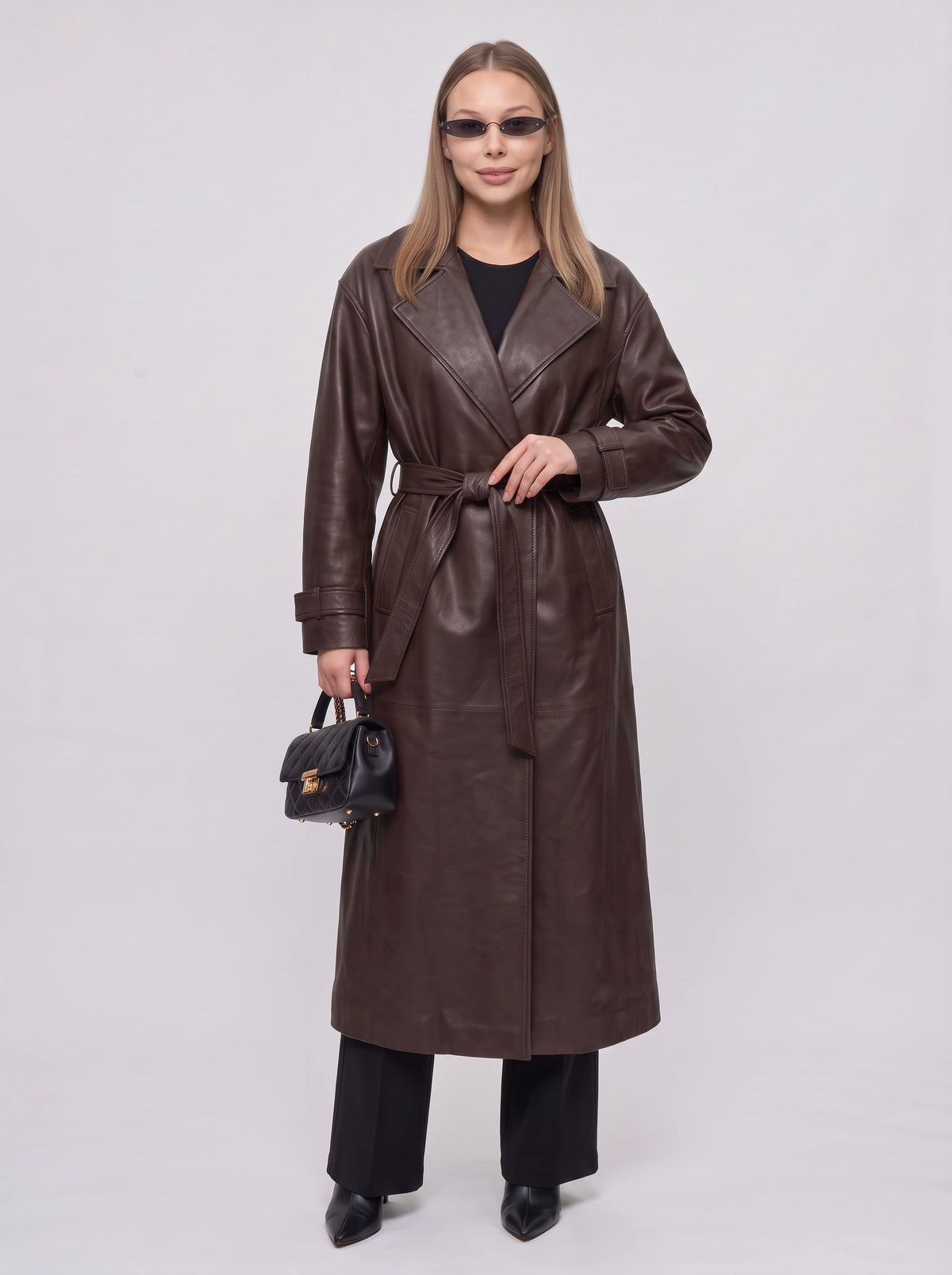 Notella Belted Longline Trench Coat – Faux Leather Women Oversized Autumn Winter Office Formal Trench Coat