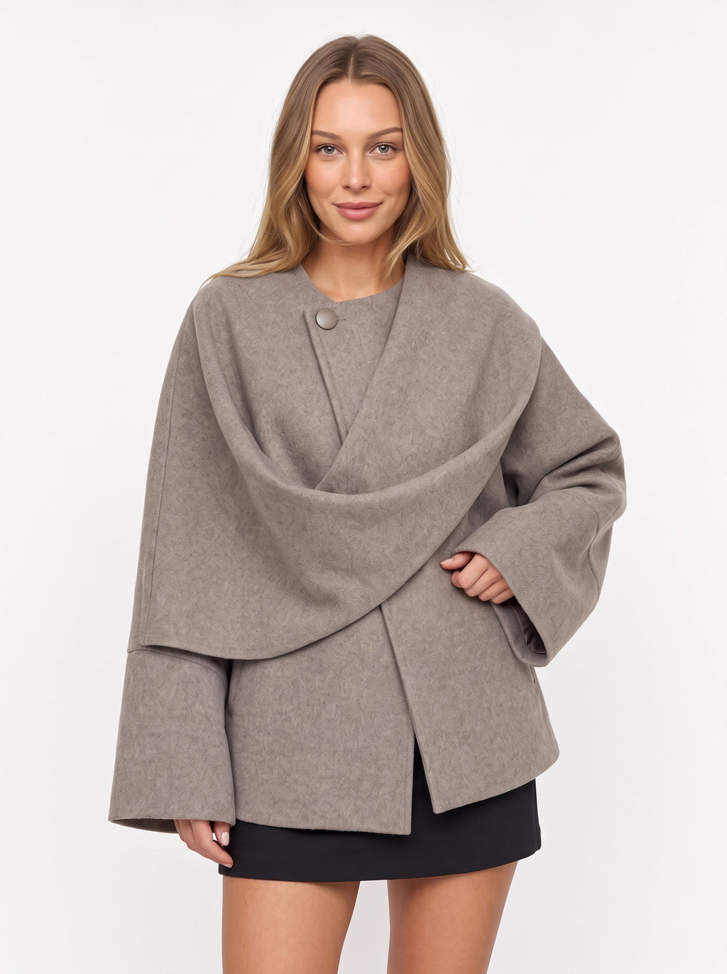 Kowrelle Cape Coat with Built-In Scarf – Women Oversized Jacket Wool Blend Fall Winter Longline Wrap Coat