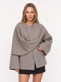Kowrelle Cape Coat with Built-In Scarf – Women Oversized Jacket Wool Blend Fall Winter Longline Wrap Coat