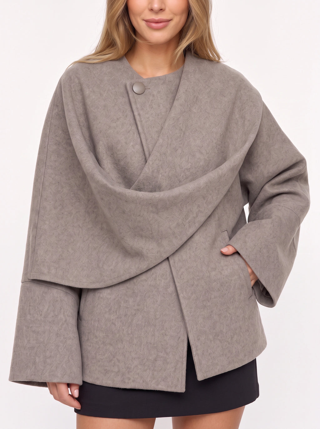 Kowrelle Cape Coat with Built-In Scarf – Women Oversized Jacket Wool Blend Fall Winter Longline Wrap Coat