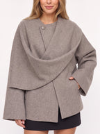 Kowrelle Cape Coat with Built-In Scarf – Women Oversized Jacket Wool Blend Fall Winter Longline Wrap Coat
