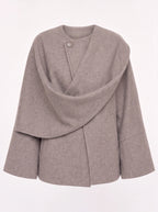 Kowrelle Cape Coat with Built-In Scarf – Women Oversized Jacket Wool Blend Fall Winter Longline Wrap Coat