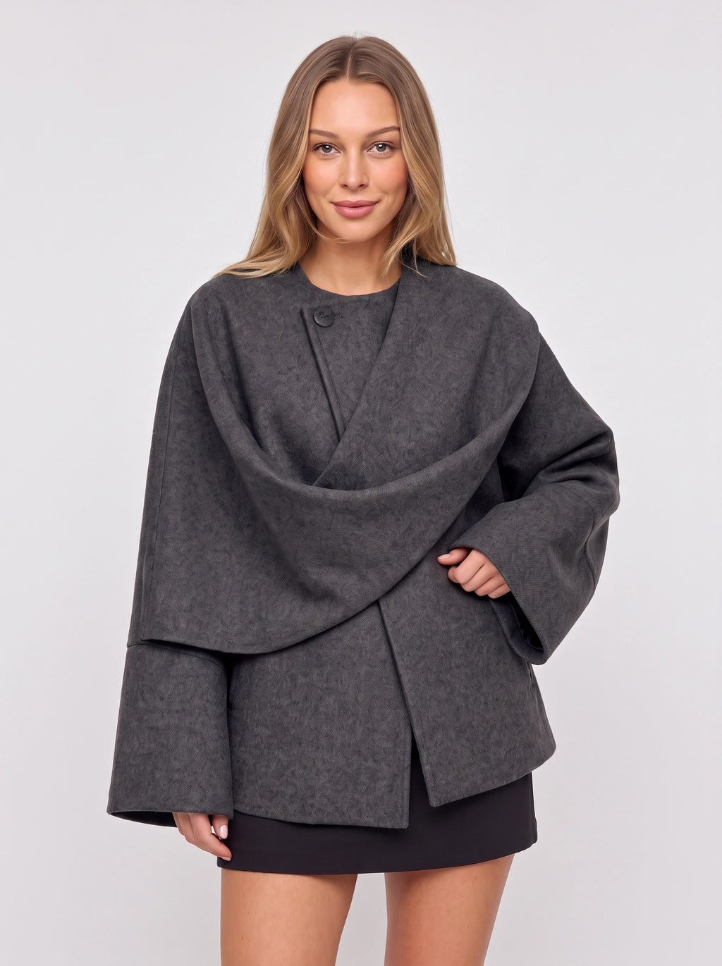 Kowrelle Cape Coat with Built-In Scarf – Women Oversized Jacket Wool Blend Fall Winter Longline Wrap Coat