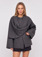 Kowrelle Cape Coat with Built-In Scarf – Women Oversized Jacket Wool Blend Fall Winter Longline Wrap Coat
