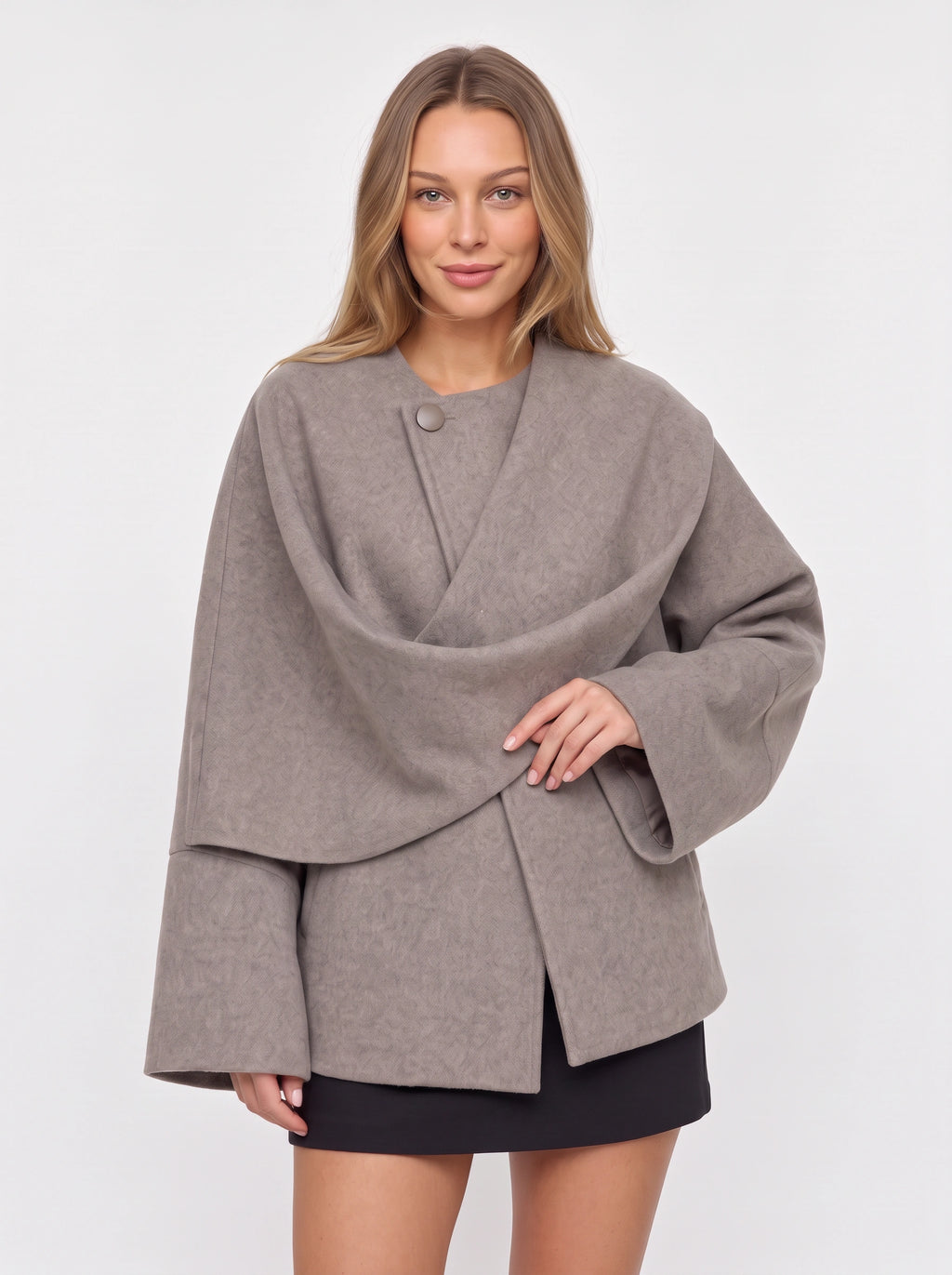 Kowrelle Cape Coat with Built-In Scarf – Women Oversized Jacket Wool Blend Fall Winter Longline Wrap Coat