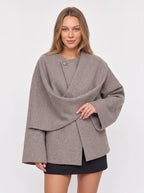 Kowrelle Cape Coat with Built-In Scarf – Women Oversized Jacket Wool Blend Fall Winter Longline Wrap Coat