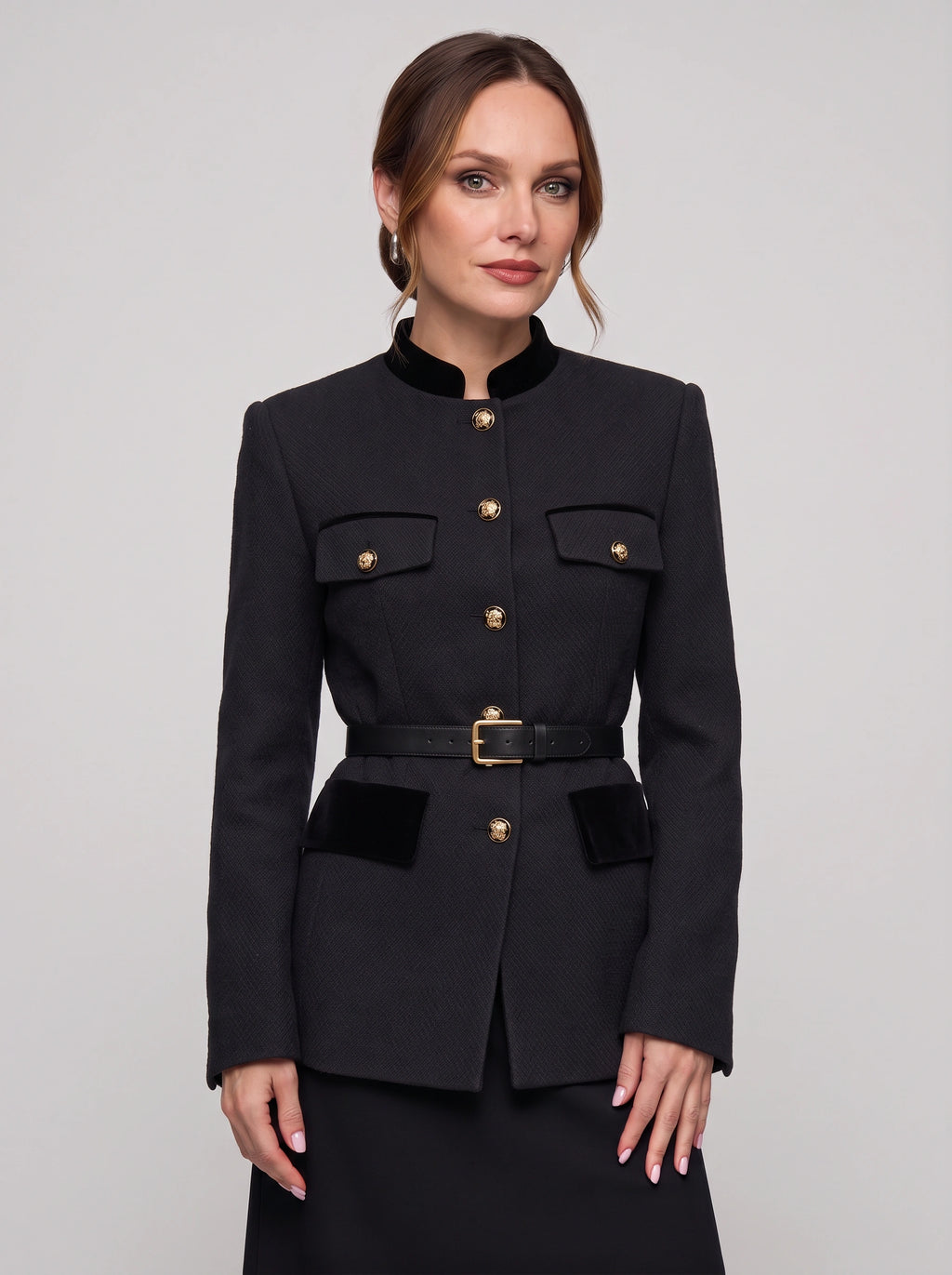 Veltrim Military Gold-Button Blazer – Wool Blazer Women Tailored Formal Office Structured Longline Blazer