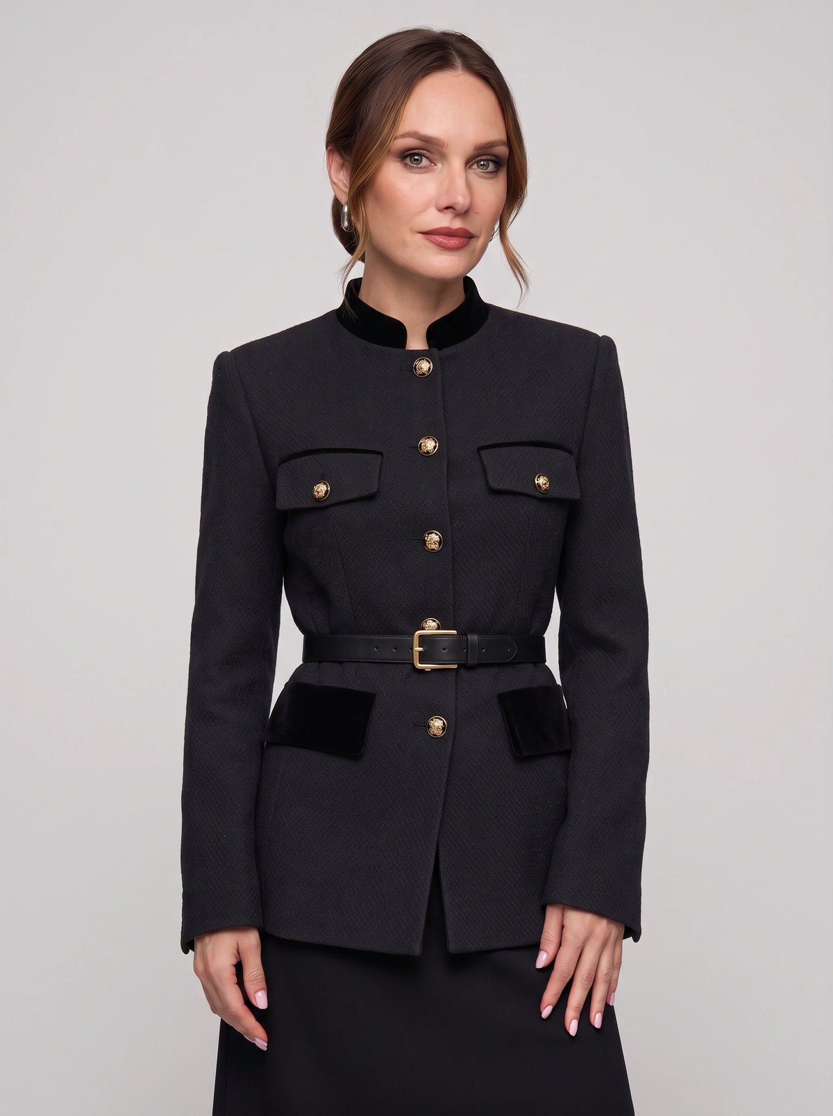 Veltrim Military Gold-Button Blazer – Wool Blazer Women Tailored Formal Office Structured Longline Blazer