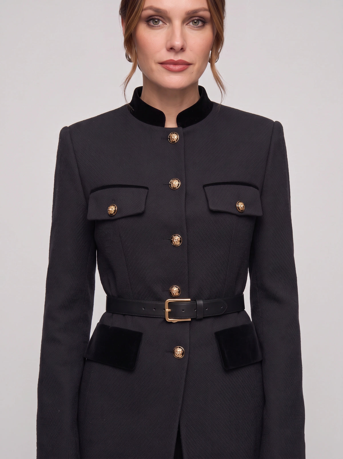 Veltrim Military Gold-Button Blazer – Wool Blazer Women Tailored Formal Office Structured Longline Blazer