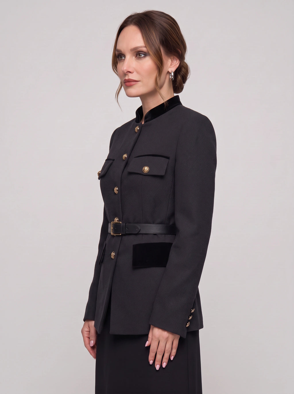 Veltrim Military Gold-Button Blazer – Wool Blazer Women Tailored Formal Office Structured Longline Blazer