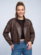 Léonie Oversized Leather Bomber Jacket – Women Biker Casual Streetwear Autumn Winter Cropped Leather Jacket